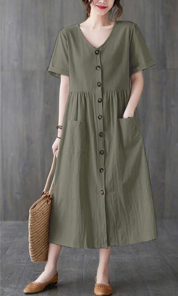 Keten Günlük Rahat V Yaka Beli Büzgü Detaylı Düğmeli Elbise - Image 1