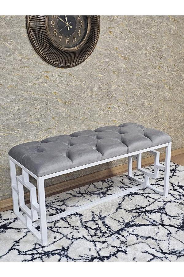 Beyaz Boyalı İçi Kareli Diktörtgen 100 cm x 40 cm Oturak Puf - Bench - Makyaj Oturağı - Oturak Gri Renk 100 x 40 Boyut/Ebat - Image 1