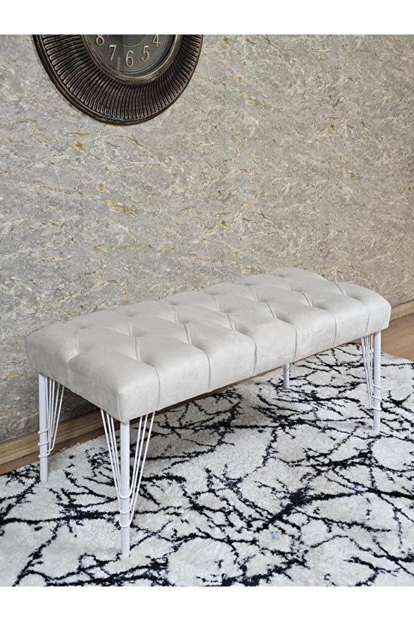 Beyaz Boyalı Tel Ayaklı 90 cm Puf Bench - Puf - Bench - Kasalı Oturak - Oturak - Yatak Ucu Puf Krem Renk 90 x 41 Boyut/Ebat - Image 1