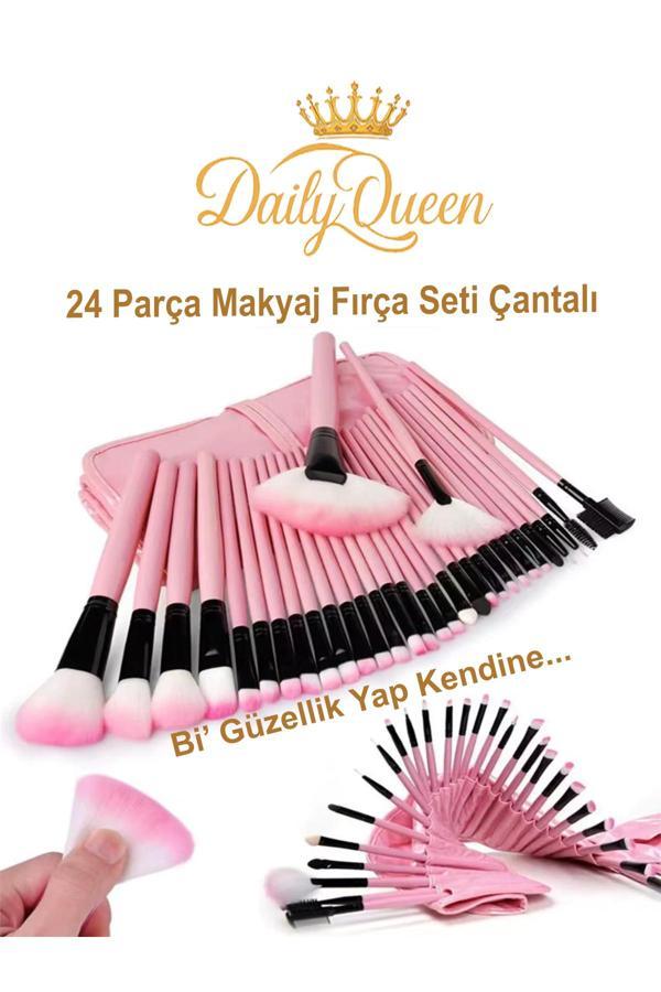 Daily Queen 24 Parça Makyaj Fırça Seti Penbe Deri Çantalı Lüx Ve Kaliteli - Image 1