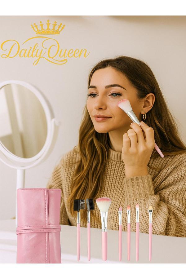 Daily Queen 7 Parça Makyaj Fırça Seti Penbe Deri Çantalı Lüx Ve Kaliteli - Image 1