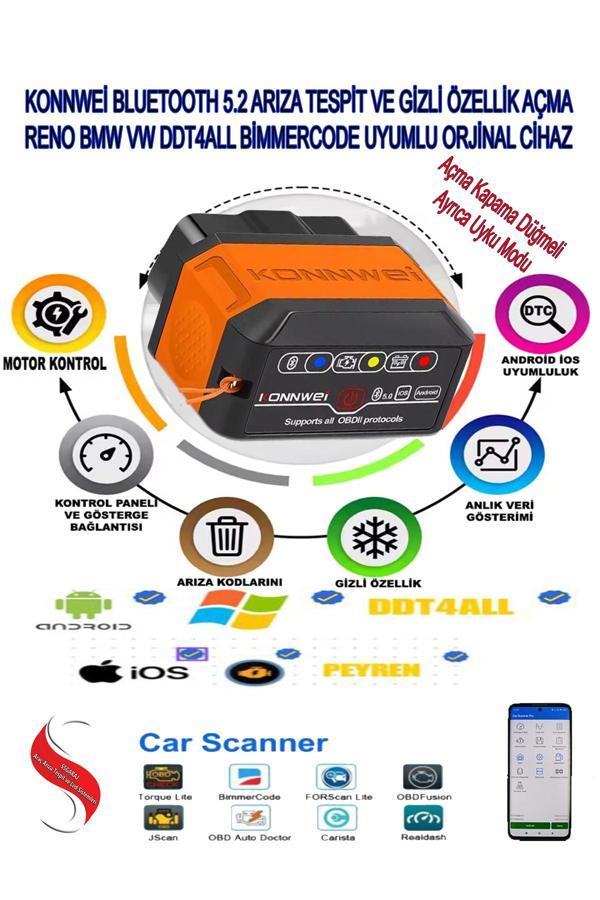 Konnwei Kw906 Bluetooht 5.2 Reno Ddt4All Ecu Tweaker Car Scanner Uyumlu Arıza Tespit Cihazı - Image 1