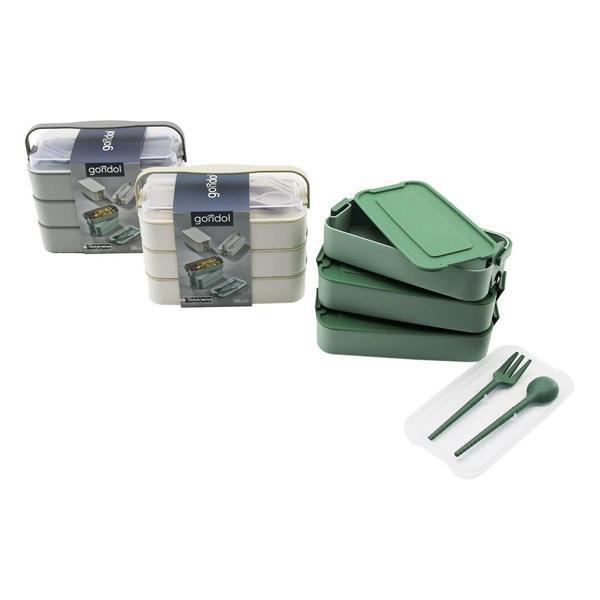 Beslenme Kutusu  3 Katlı X 420ml - Çatal - Kaşık - Tekli Taşıma Kulp  Renkli Plastik - Image 1