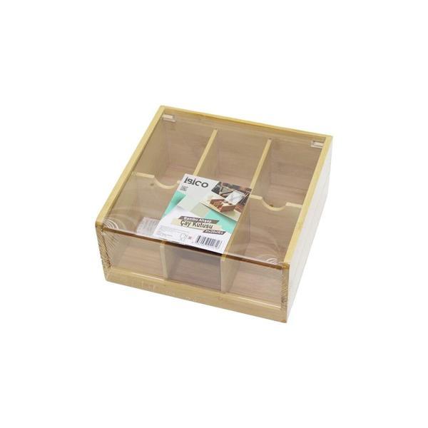Ahşap Bambu 6 Bölmeli  Poşet Çay Kutusu Mika Plastik Kapak  21x20x10cm - Image 1