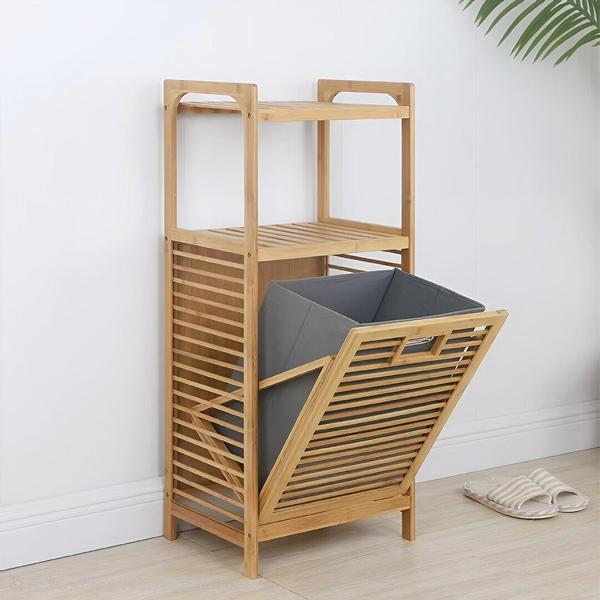 2 ORGANİZER RAFLI - ÇEK AÇ SEPET AHŞAP BAMBU KİRLİ ÇAMAŞIR SEPET 40X35X95CM   - Image 1