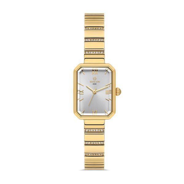 Hislon QL191G-02SG Taşlı Tasarım Dikdörtgen Kadranlı Çelik Kordon Çelik Kasa 3 ATM Suya Dayanıklı Altın Renk Kadın Kol S - Image 1