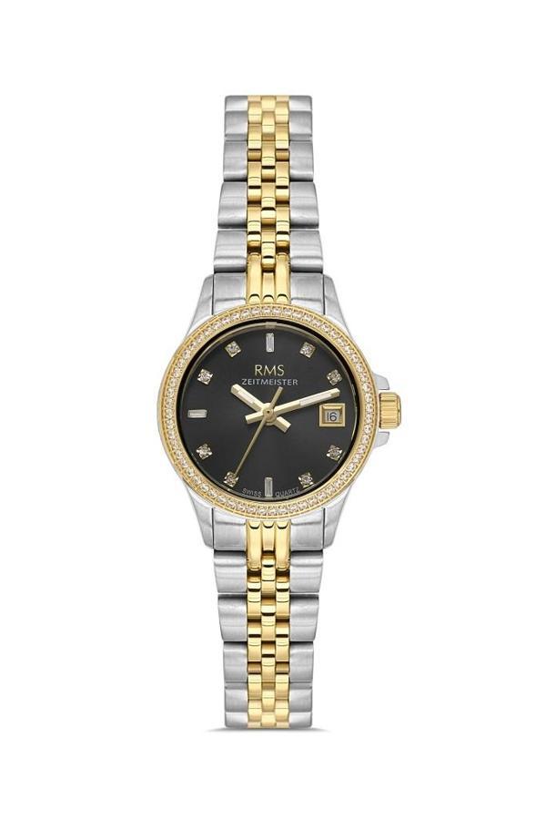 Rms Zeitmeister RMS.1.AG1604.08 Taşlı Tasarım Safir Cam Çelik Kordon Çelik Kasa 5 ATM Suya Dayanıklı Metalik-Altın Renk  - Image 1