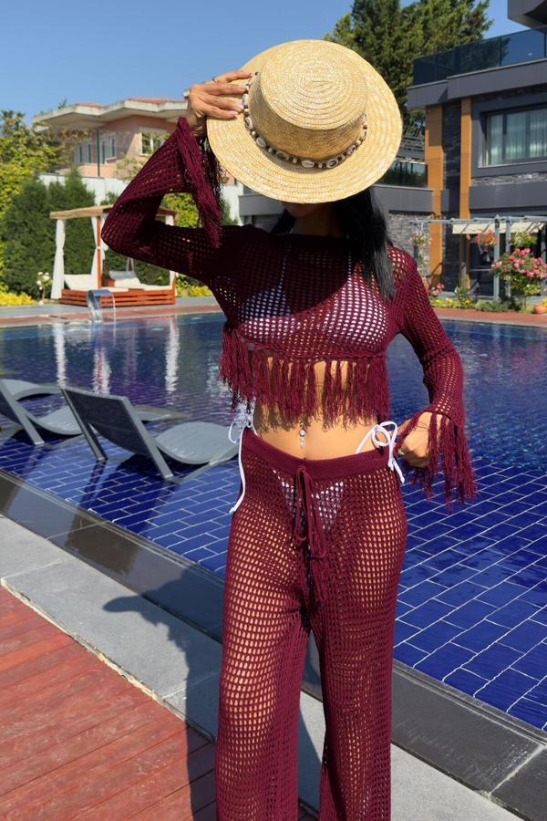 Püskül Detaylı Ajurlu Triko Takım -BORDO - Image 1