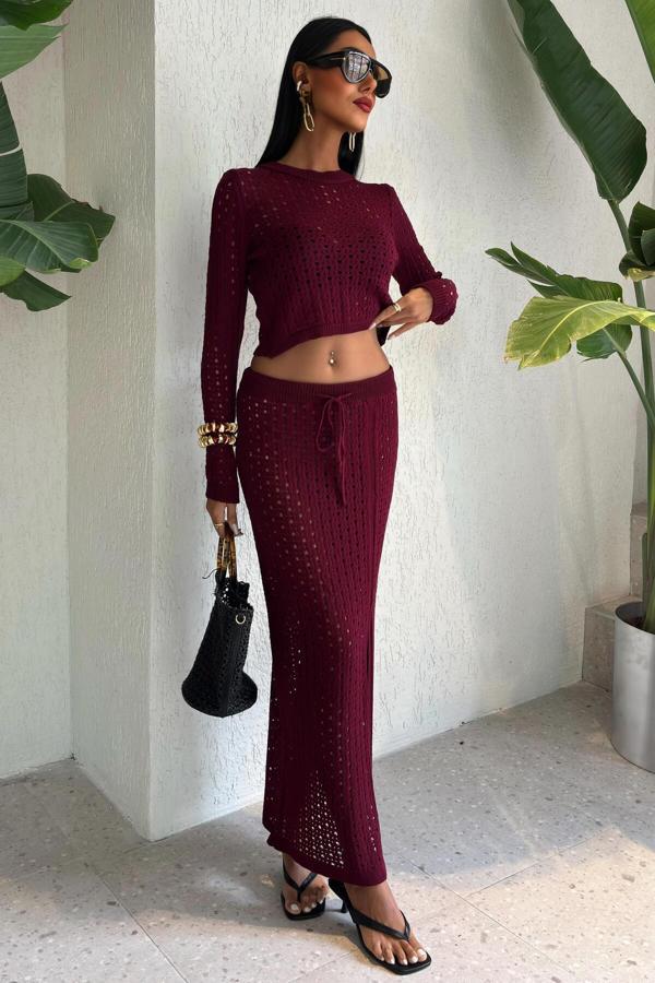 Macey Kroşe Crop Takım -BORDO - Image 1