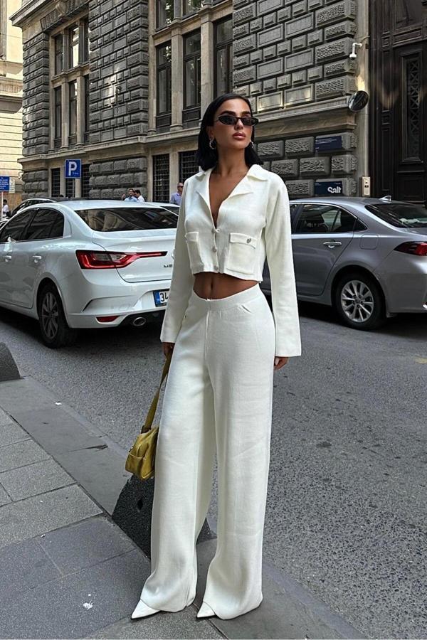 Nancy Kruveze Yaka Crop Takım -EKRU - Image 1