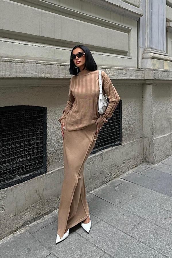 Darcy Etek Bluz Triko Takım -CAMEL - Image 1