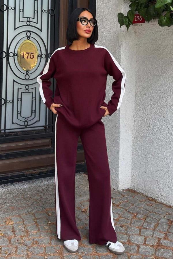 Kenarları Çizgili Rahat Triko Takım -BORDO - Image 1