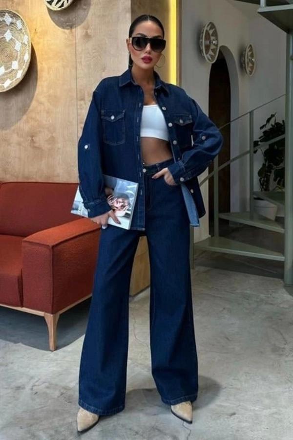 Gömlek Ve Palazzo Pantolon Klasik Denim Takım 10070 - Image 1