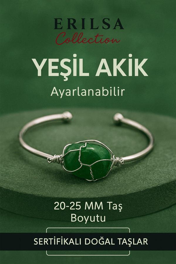 Sertifikalı Doğal Yeşil Akik Taşı Gümüş Kaplama Ayarlanabilir Bileklik – Şifa ve Huzur Taşı - Image 1
