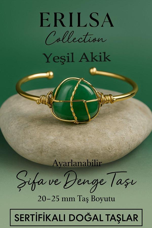 Sertifikalı Doğal Yeşil Akik Taşı Ayarlanabilir 24K Altın Kaplama Bileklik 20-25 mm - Image 1