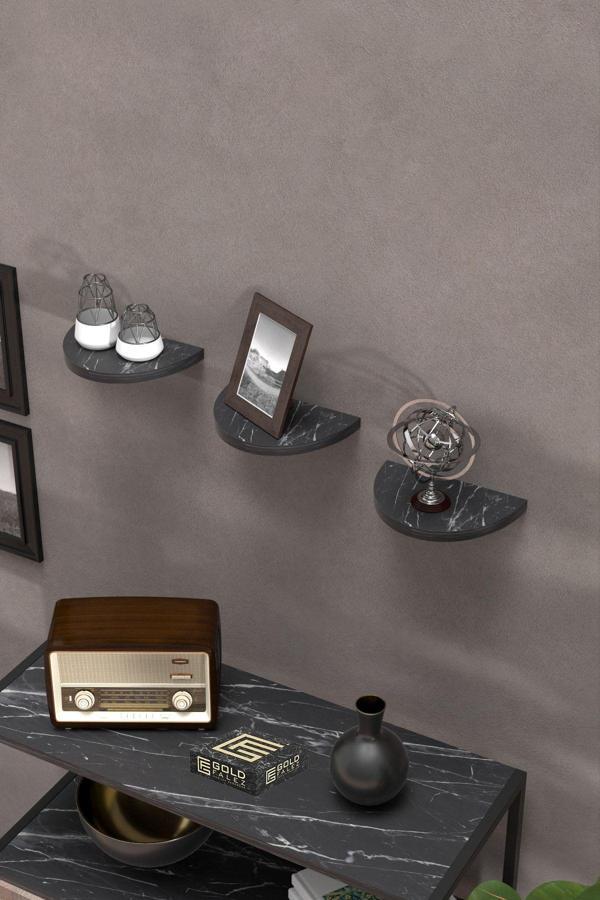 Duvar Rafı Dekoratif 3 Adet Çiçeklik Oval Siyah Mermer Desen - Image 1