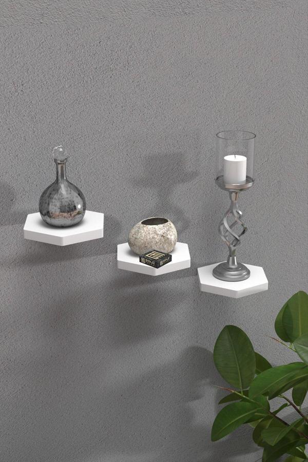 Duvar Rafı Dekoratif 3 Adet Çiçeklik Altıgen Beyaz - Image 1