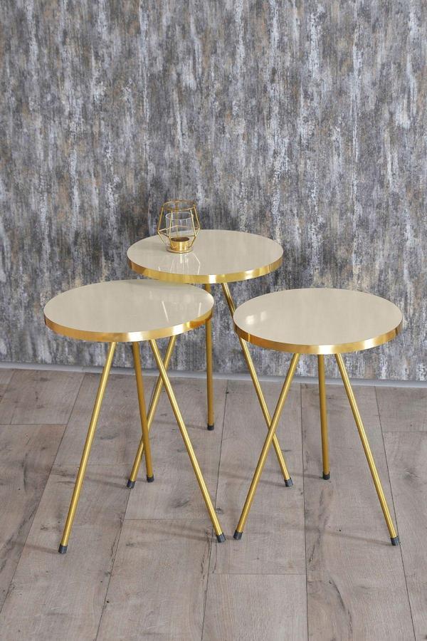 Zigon Sehpa 3'lü Gold Metal Ayak Krem Gold - Image 1