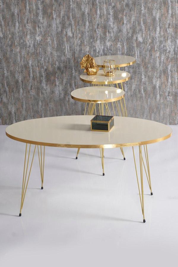 Zigon Sehpa Ve Orta Sehpa Elips Set Gold Krem Tel - Image 1