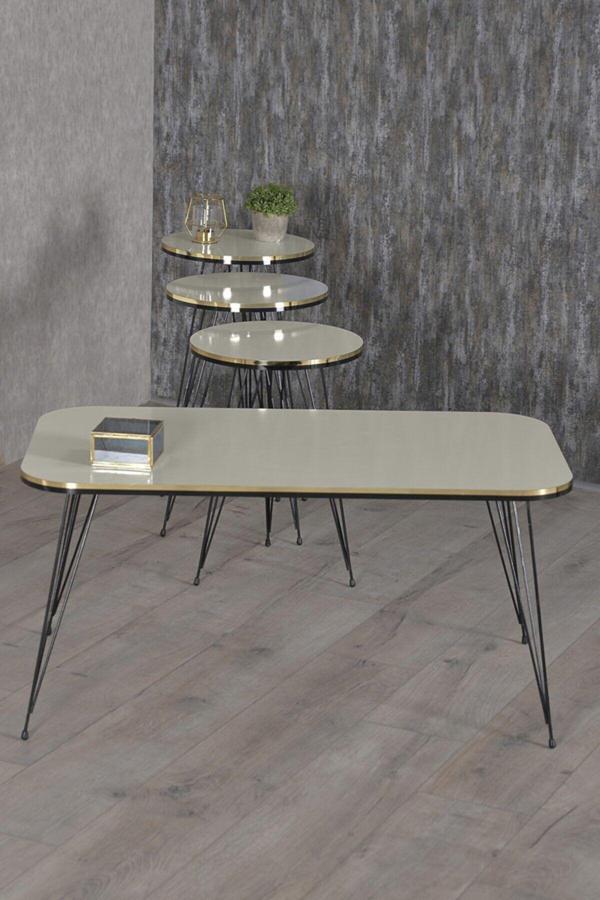 Zigon Sehpa Ve Orta Sehpa Kr Set Siyah Tel Ayak Çift Altın Krem - Image 1