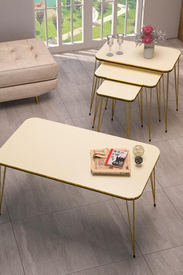 Zigon Sehpa Kr Ve Orta Sehpa Kr Set Çift Gold Krem Tel 1114 - Image 1