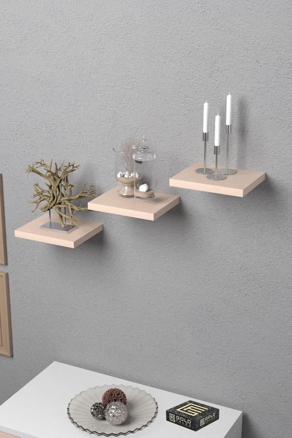 Duvar Rafı Dekoratif 3 Adet Çiçeklik Kare Krem - Image 1