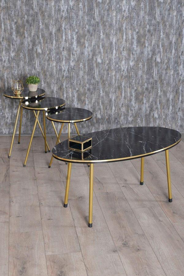 Zigon Sehpa Ve Orta Sehpa Elips Set Çift Gold Bendir Metal - Image 1