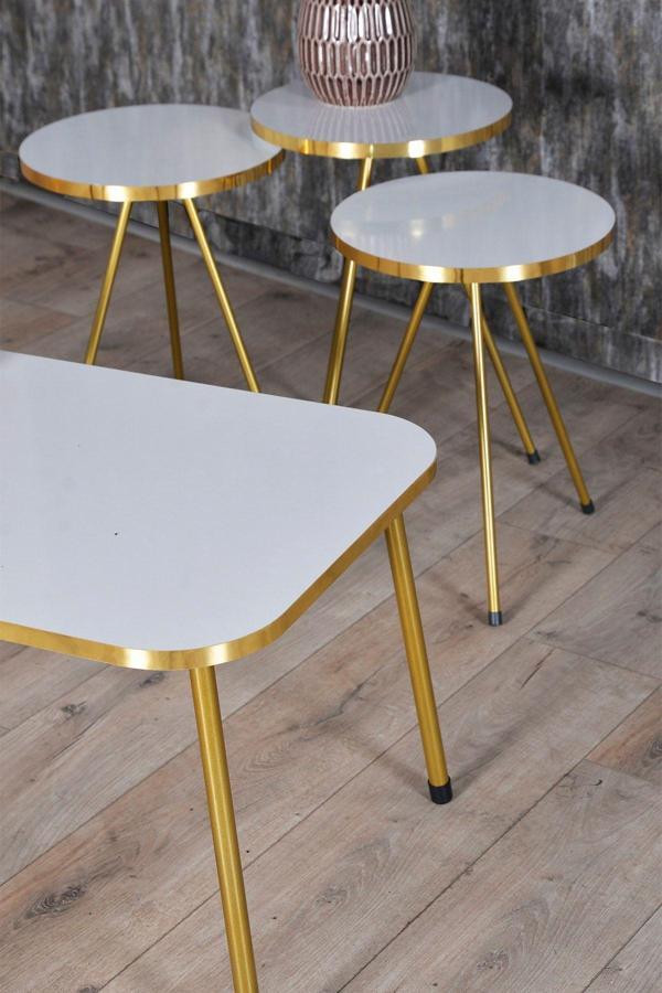 Zigon Sehpa ve Orta Sehpa Kr Gold Metal Ayak Gold Beyaz Set - Image 1