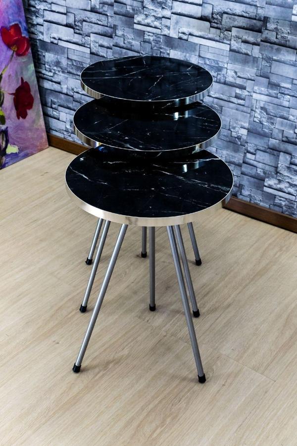 Zigon Sehpa 3'lü Gümüş Metal Ayak Gümüş Siyah Bendir 1069 - Image 1