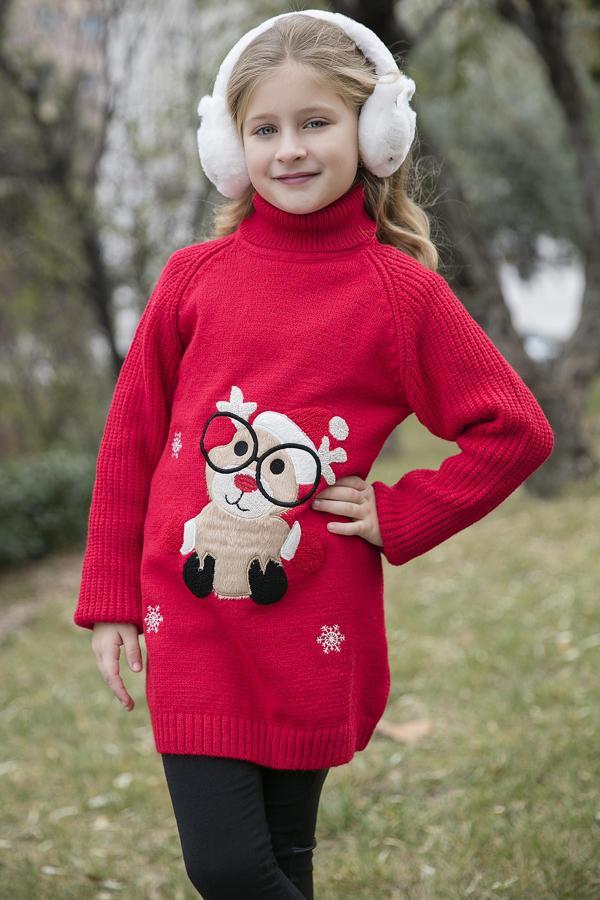 Lela Yılbaşı Temalı Balıkçı Yaka Uzun Kız Çocuk Kazak 633809 KIRMIZI - Image 1