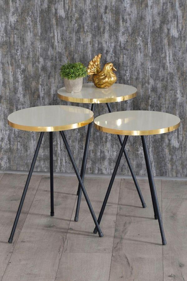 Zigon Sehpa 3 Lü Siyah Metal Ayak Altın Krem - Image 1