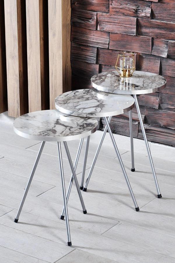 Zigon Sehpa ve Orta Sehpa Elips Gümüş Metal Ayak Gümüş Efes Set - Image 1