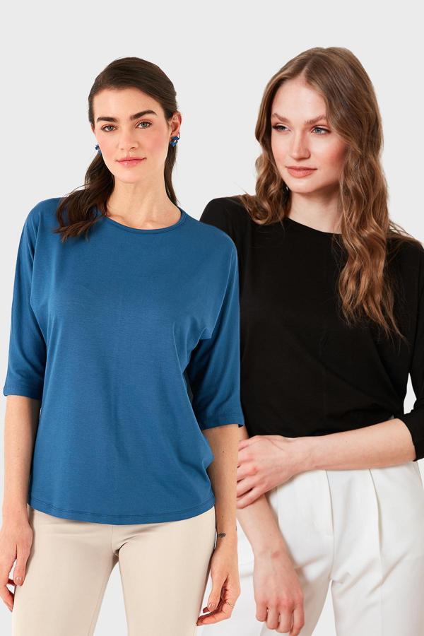 Lela Standart Fit Bisiklet Yaka Truvakar Kol 2'li Paket Bayan Bluz 5861416YS2 SİYAH-İNDİGO - Image 1