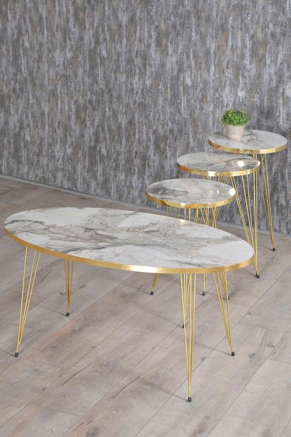 Zigon Sehpa Ve Orta Sehpa Elips Set Gold Efes Tel - Image 1
