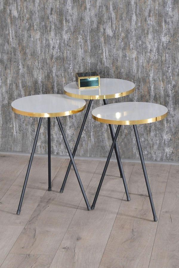 Zigon Sehpa 3 Lü Siyah Metal Ayak Altın Beyaz - Image 1