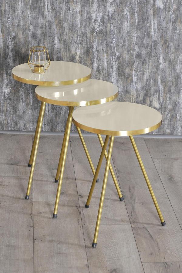 Zigon Sehpa 3'lü Altın Metal Ayak Krem Altın 1062 - Image 1