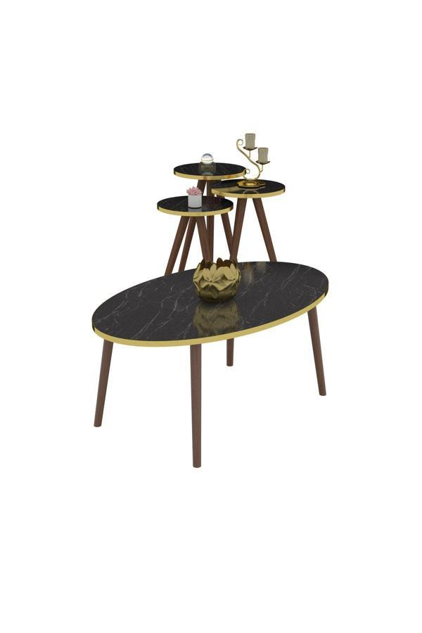 Zigon Sehpa Ve Orta Sehpa Set Ahşap Torna Elips ALTIN Siyah Mermer Desen - Image 1