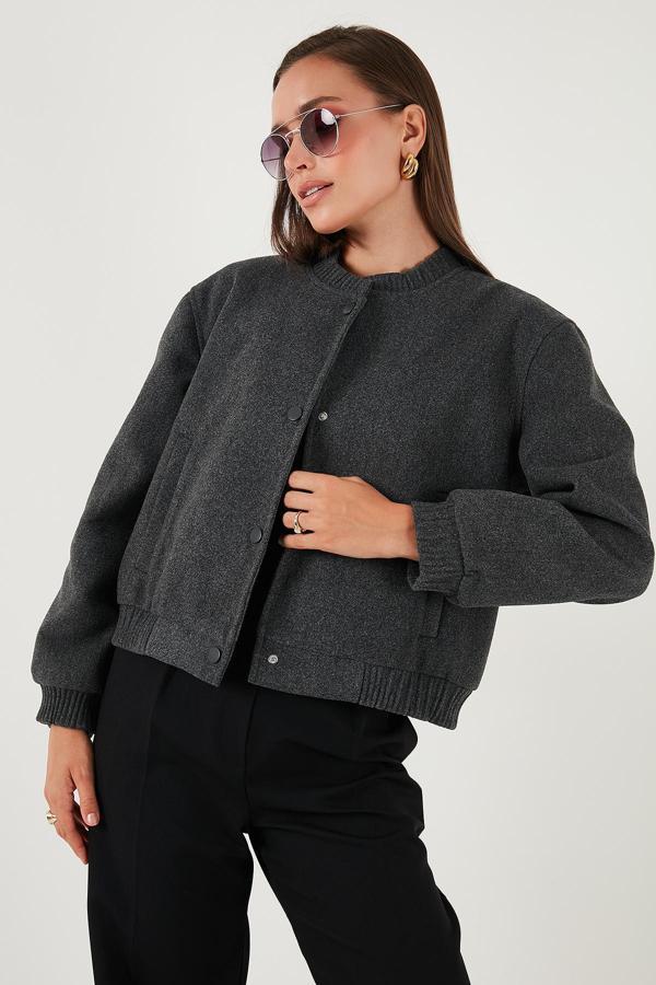 Lela Loose Fit Sıfır Yaka Çıtçıtlı Kaşe Kısa Bayan Mont 6810178 ANTRASİT - Image 1