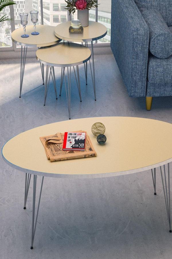 Zigon Sehpa Ve Orta Sehpa Elips Set Gümüş Krem Tel - Image 1