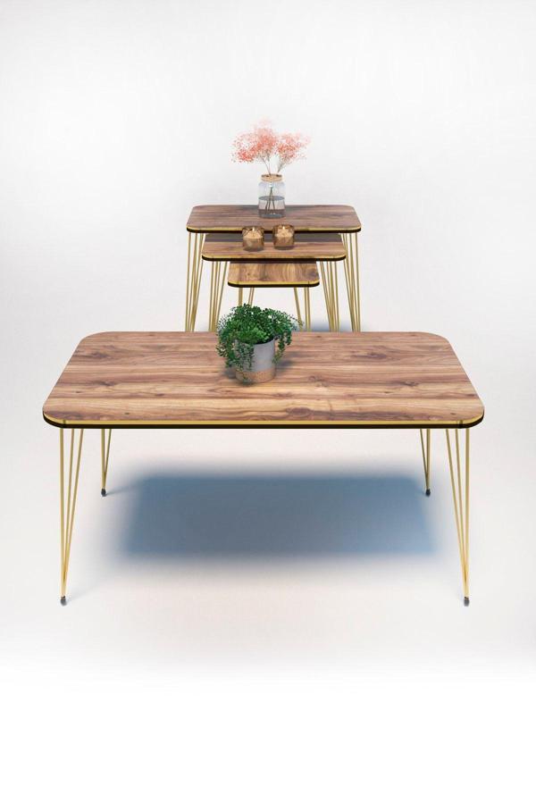 Zigon Sehpa Kr Ve Orta Sehpa Kr Set Çift Gold Ceviz Tel 1110 - Image 1