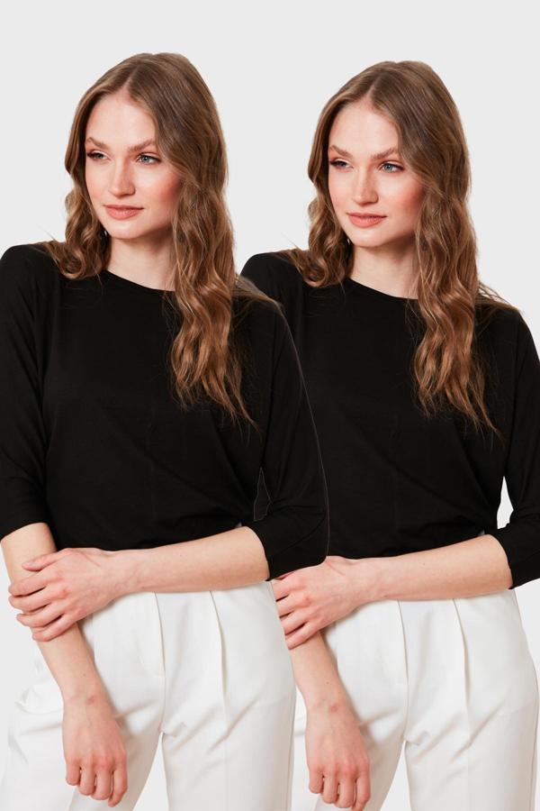 Lela Standart Fit Bisiklet Yaka Truvakar Kol 2'li Paket Bayan Bluz 5861416YS2 SİYAH-SİYAH - Image 1