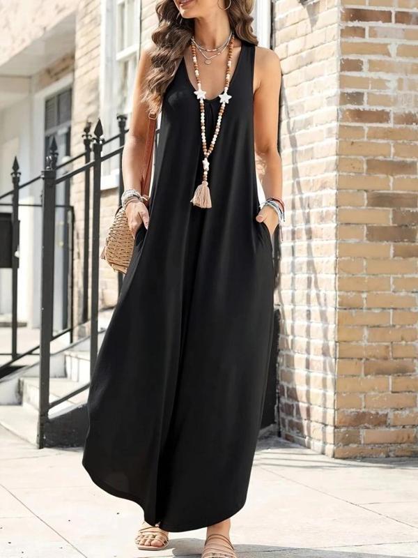 MDB Kadın Askılı Yuvarlak Yaka Cepli Salaş Uzun Viskon Tulum - Image 1