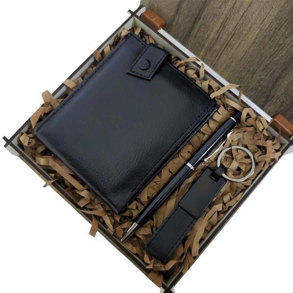 MDB Ahşap Deri Kutulu Siyah Renk 3'lü Hediye Seti - Kalem, Cüzdan, Anahtar - Image 1