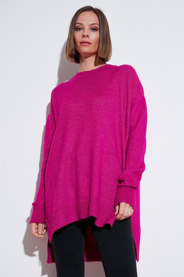 Lela Rahat Kesim Yırtmaç Detaylı Bisiklet Yaka Bayan Kazak 4616142Y FUŞYA - Image 1