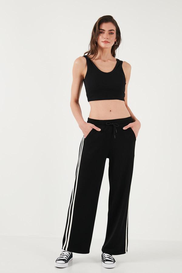 Lela Şeritli Standat Fit Normal Bel Geniş Paça Bayan Eşofman Altı 5866133 SİYAH - Image 1