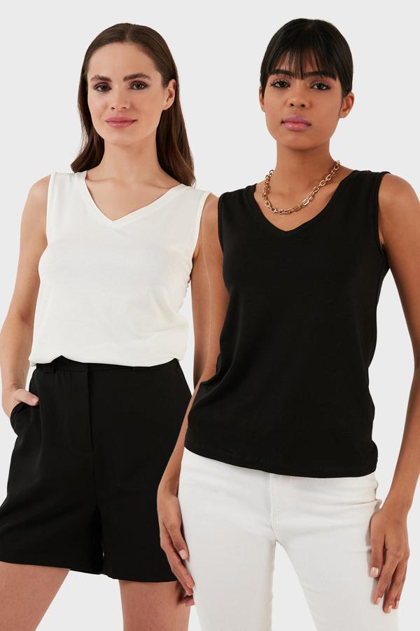 Lela Slim Fit V Yaka Kalın Askılı 2' li Paket Bayan Bluz 5864384S2 SİYAH-EKRU - Image 1