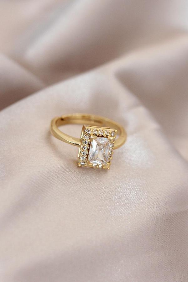 Ayarlamalı Gold Renk Metal Zirkon ve Kristal Taşlı Dikdörtgen Model Yüzük - Image 1