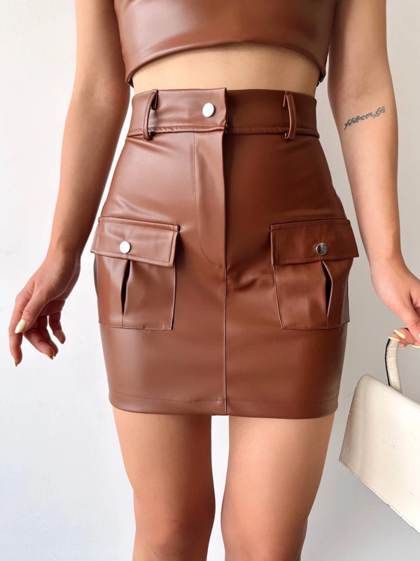 Önden iki cepli deri etek kahve h240040 - Image 1