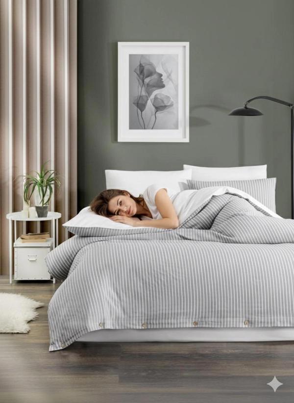 Çift Kişilik %100 Pamuk Ranforce Düğmeli Nevresim Takımı – Lastiksiz Çarşaflı 200x220 cm Açık Gri - Image 1