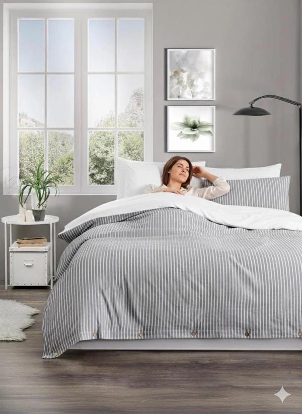 Çift Kişilik %100 Pamuk Ranforce Düğmeli Nevresim Takımı – Lastiksiz Çarşaflı 200x220 cm Gri - Image 1